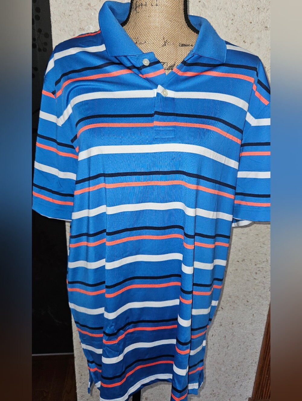 Brooks Brothers Blue Striped Polo with Coral and White Bands